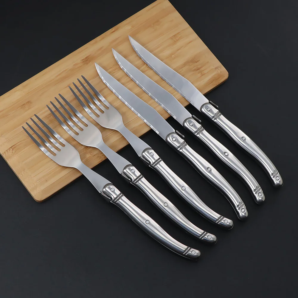 Jaswehome 6pcs Stainless Steel Flatware Set Laguiole Decorated 3Pcs Dinner Knives&3Pcs Forks Sets Western Dinnerware