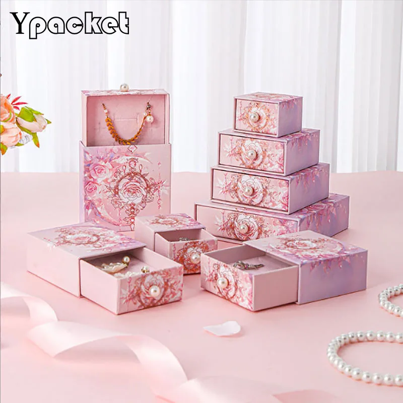 

Drawer Pink Paper Boxes For Jewelry Ring Earring Pendant Necklace Boxes Jewellery Organizer Box Wedding Gift Bags 48Pcs/Lot