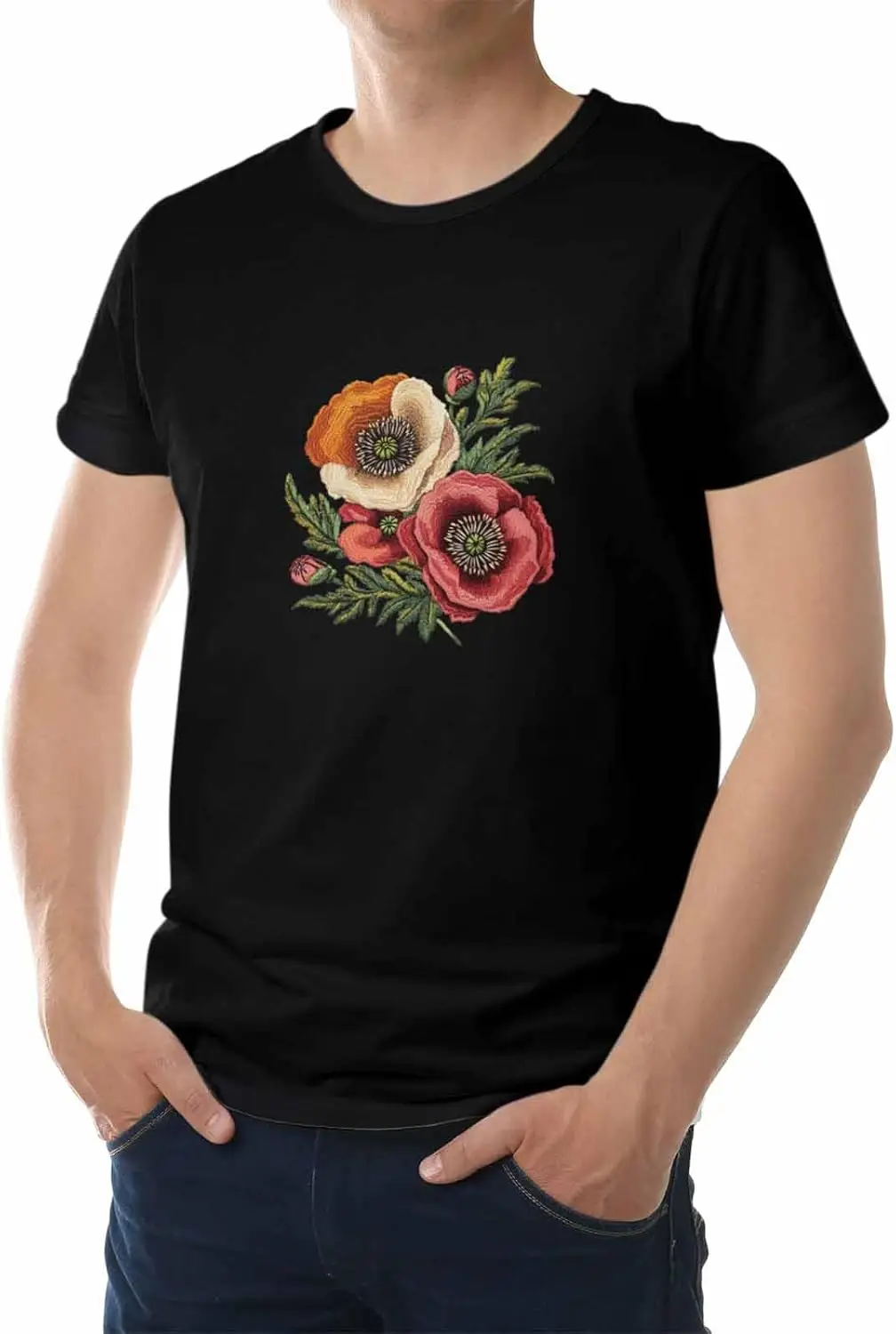 Men's T-Shirt, Novelty Graphic T-Shirt Colorful Poppy Embroidered Flowers Cotton Crew Neck Men's Short