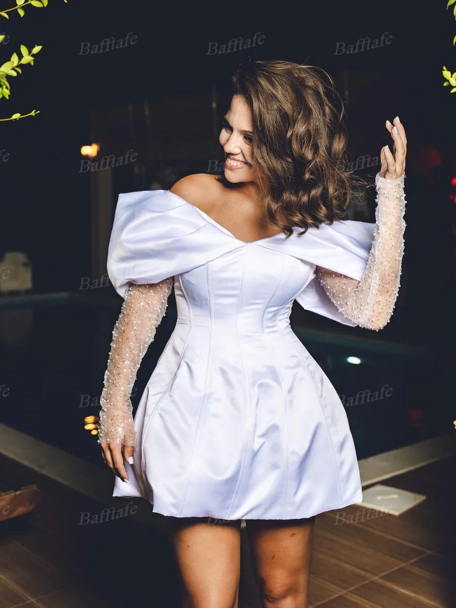 Bafftafe A 라인 맞춤형 댄스 파티 드레스 오프 숄더 A 라인 미니 스팽글 긴 소매 홈 커밍 파티 신부 들러리 드레스