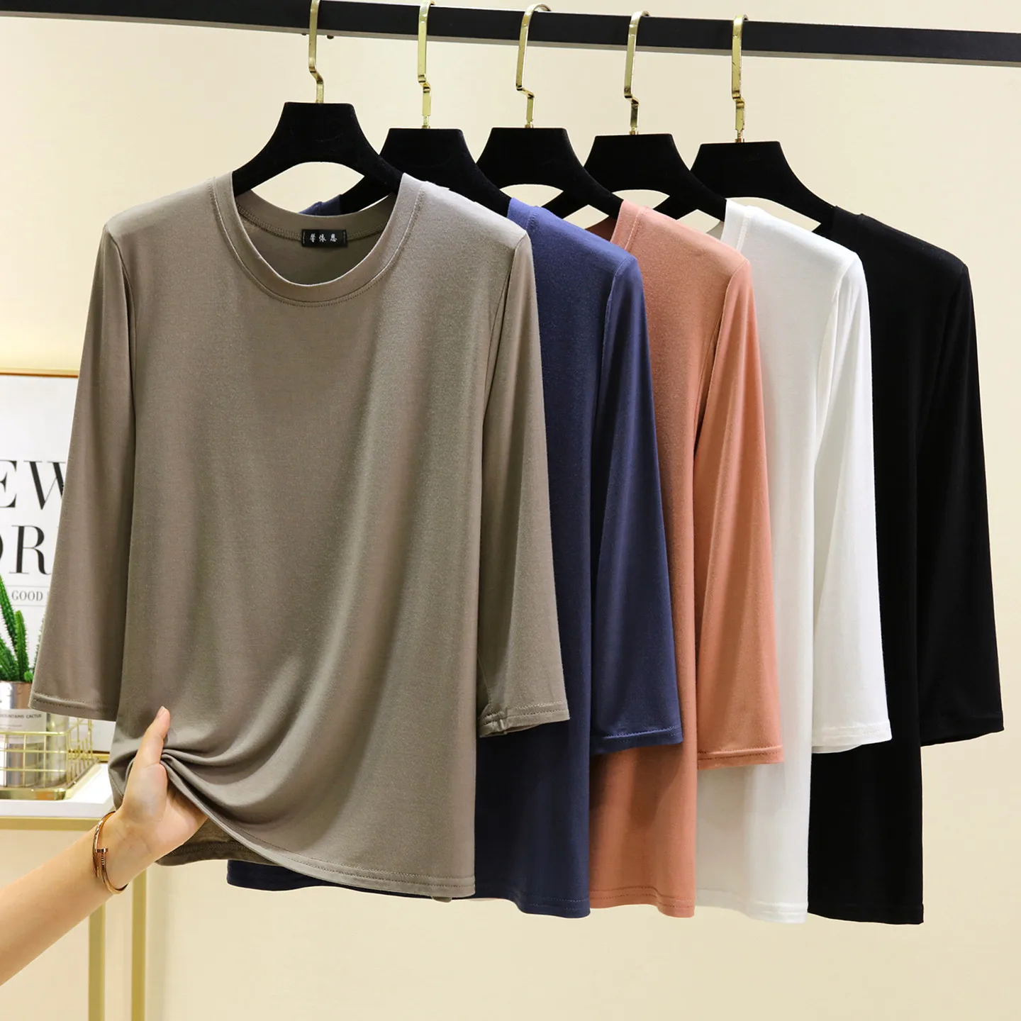Modal round Neck 3/4 Sleeve T-Shirt Women's Thin Pure Color Base Shirt Can Be Worn outside Large Size Inner Wear for Autumn