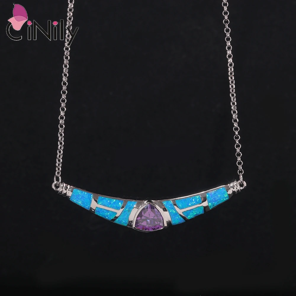 CiNily Blue Fire Opal Necklace for Women 925 Sterling Silver Vintage Jewelry with Purple Zircon Pendant Set Chain Necklaces