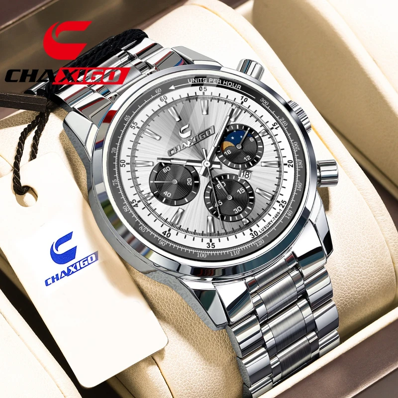 

CHAXIGO 7469 Luxury Steel Strip Men's Watch Waterproof Luminous Complete Calendar Quartz Watches for Men Relogios Masculino Часы