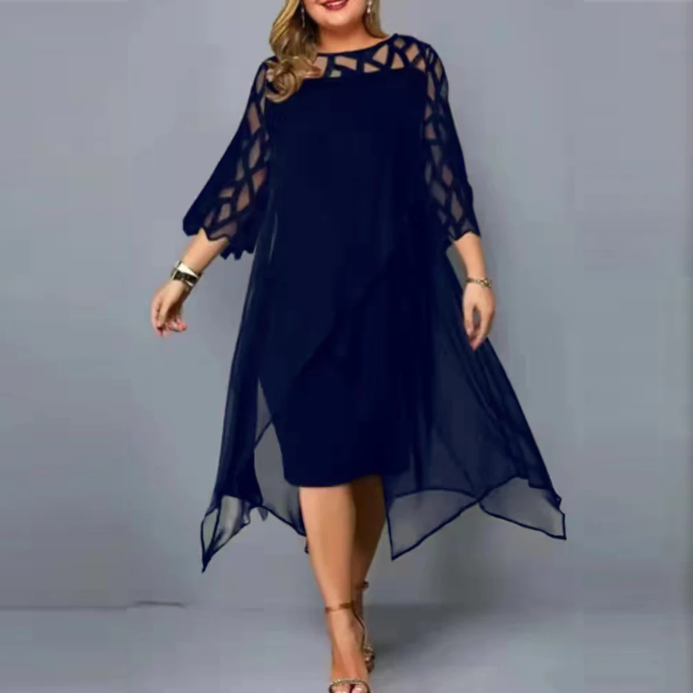 Plus Size Dresses 2023 4XL 5XL Elegant Chiffon Lace Mesh O Neck Midi Party Dress Wedding Loose Women\'s Clothing Clubwear