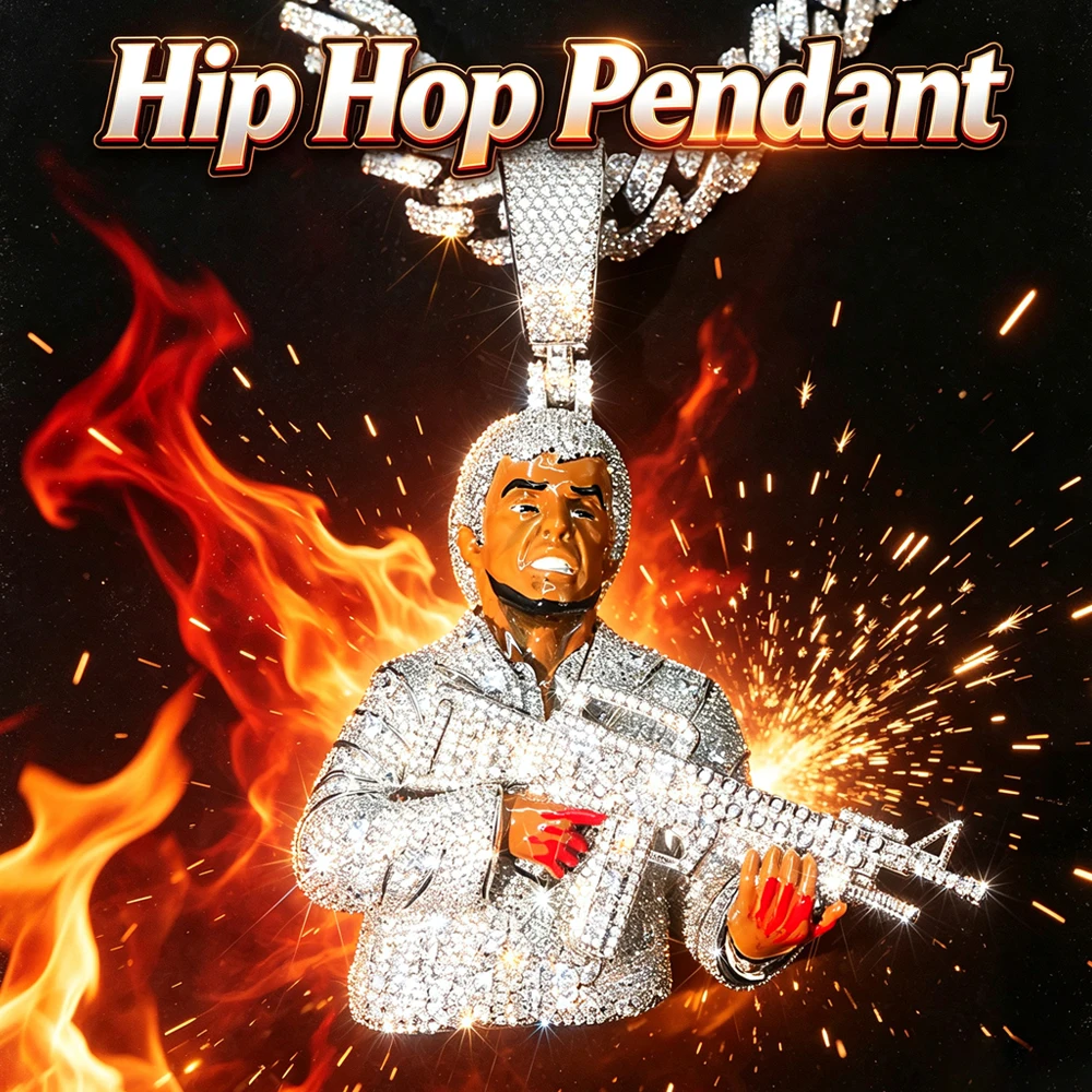 Iced Out Man with Gun Pendant Micro Pave Cubic Zirconia Enamel Bloody Hand Gun Figure 18K Gold Electroplated Cuban Chain Hip Hop Necklace Bling Character Jewelry For Male Rappers Street Bold 3D Icy Pendants Fine Jewelry Gifts for Men Boy Friends Charms
