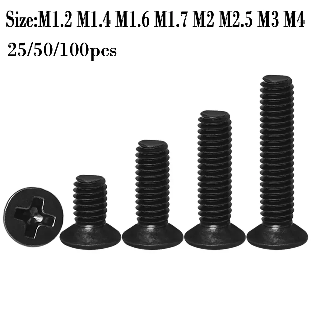 25/50/100 قطعة M1.2 M1.4 M1.6 M1.7 M2 M2.5 M3 M4 صغير صغير أسود الكربون الصلب الصليب فيليبس شقة رئيس غاطسة مسمار لولبي الرأس