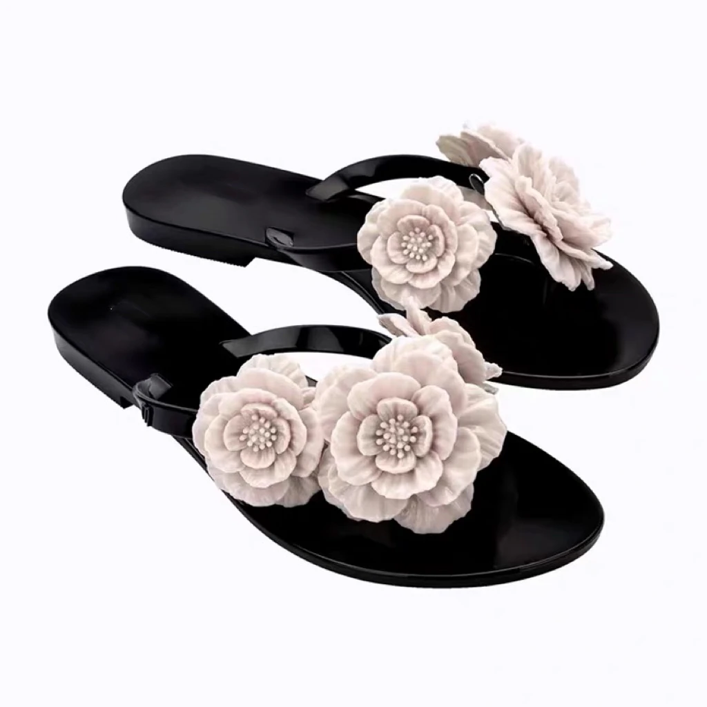 2024 New Mini Melissa Women Slippers 3D Camellia Flower Slides Summer Beach Shoes Woman Slippers Adult Ladies Flip Flops Sandals