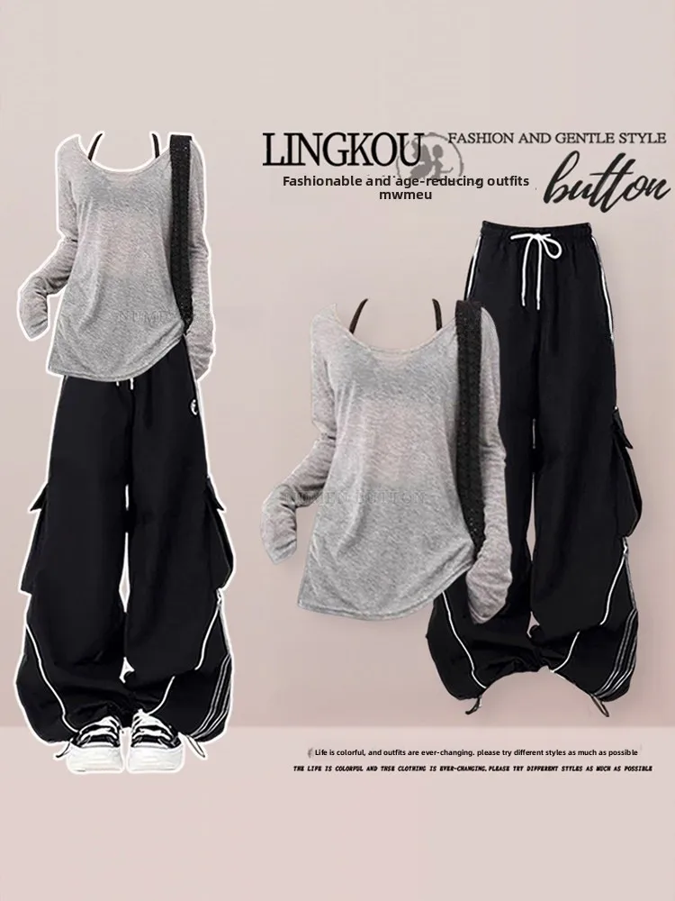 

plus Size Spring Summer Casual Set Women's Sexy Thin Sun Protection Cover up Strap Top Slim Wide Leg Workwear Pants Tee Pie...