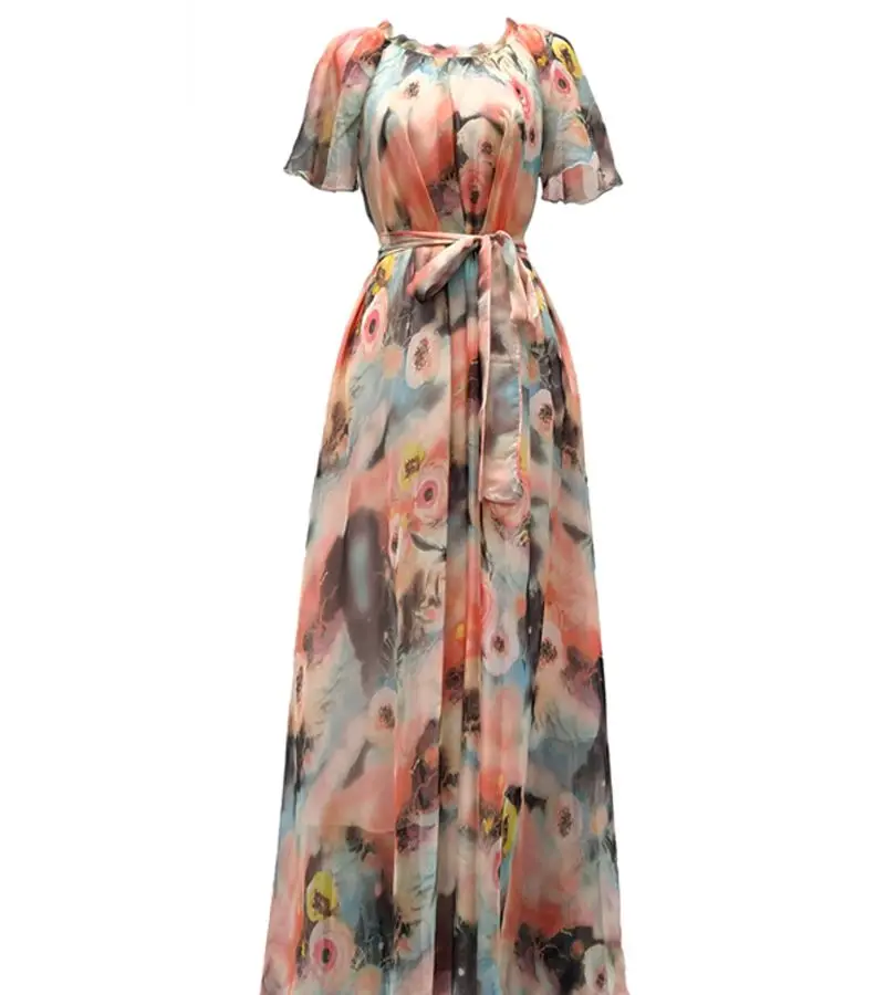 2023 Sundress Beach Chic Women Floral Print Ruffle Chiffon Bohemian Dress Ladies Short Sleeve Boho Maxi Dresses Photo Vestidos