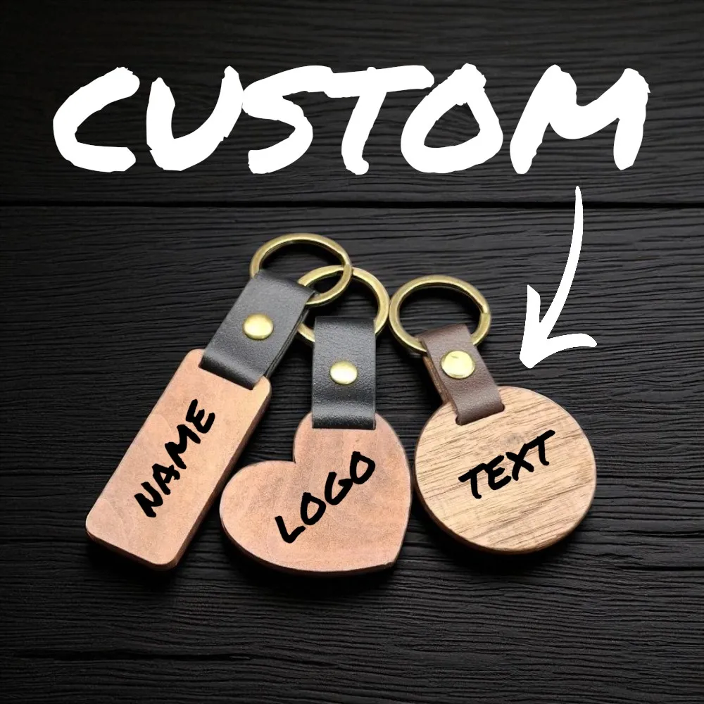 

1PC Trendy Custom LOGO Wood Leather Keychain Personalized Keyring Men and Women Laser Engrave Key Chain Gift Wholesale