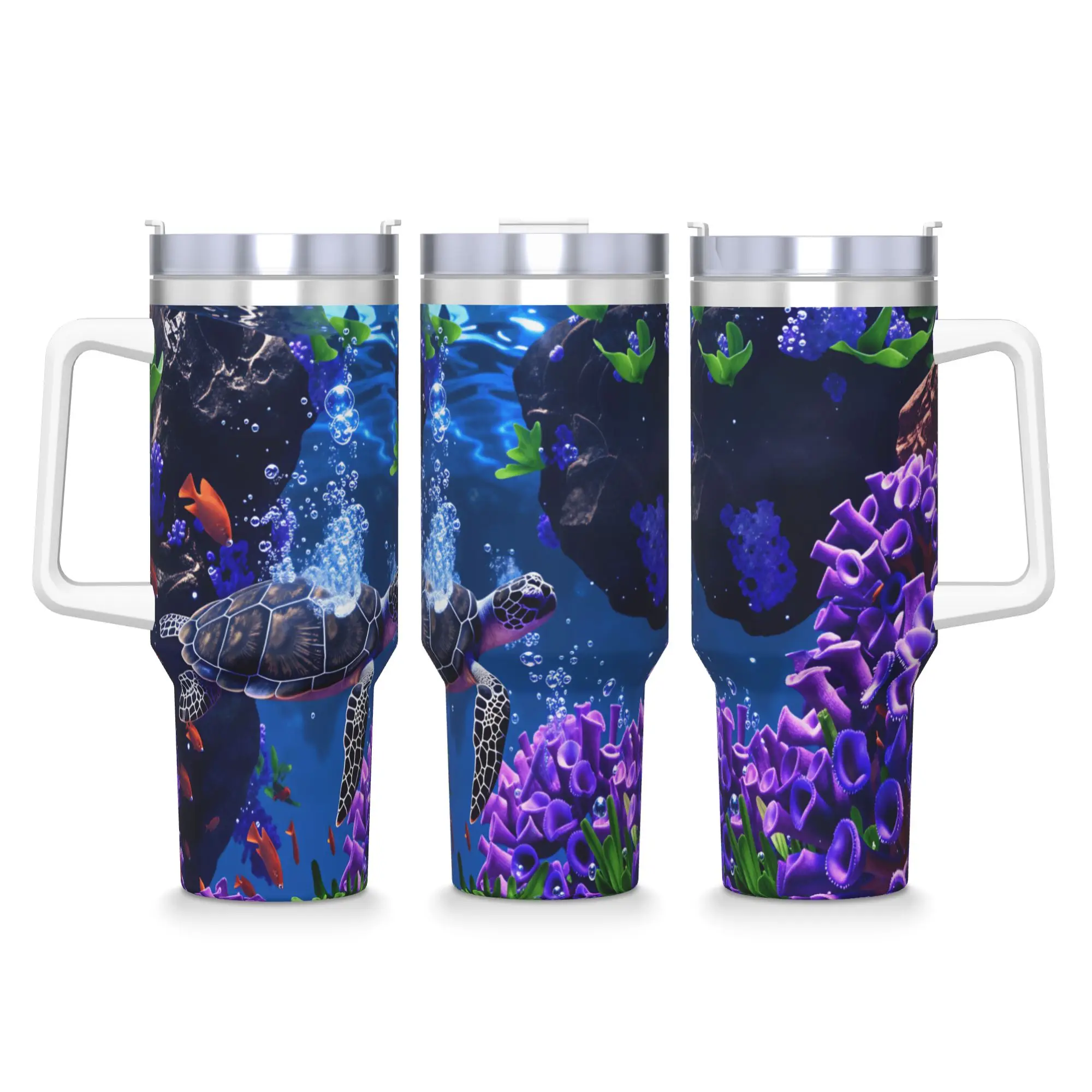 Stainless Steel Tumbler Sea Turtle Swimming Purple Coral Reef Ocean Car Mugs With Straws  Driving Cold Drink Water Bottle