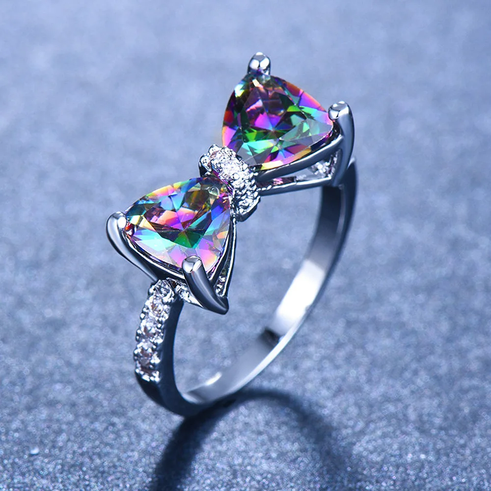 Luxury Female Rings 925 Sterling Silver Bowknot Zircon Finger Rings for Women Y2K Sparkling Pink Bow Rhinestone Jewelry Gifts
