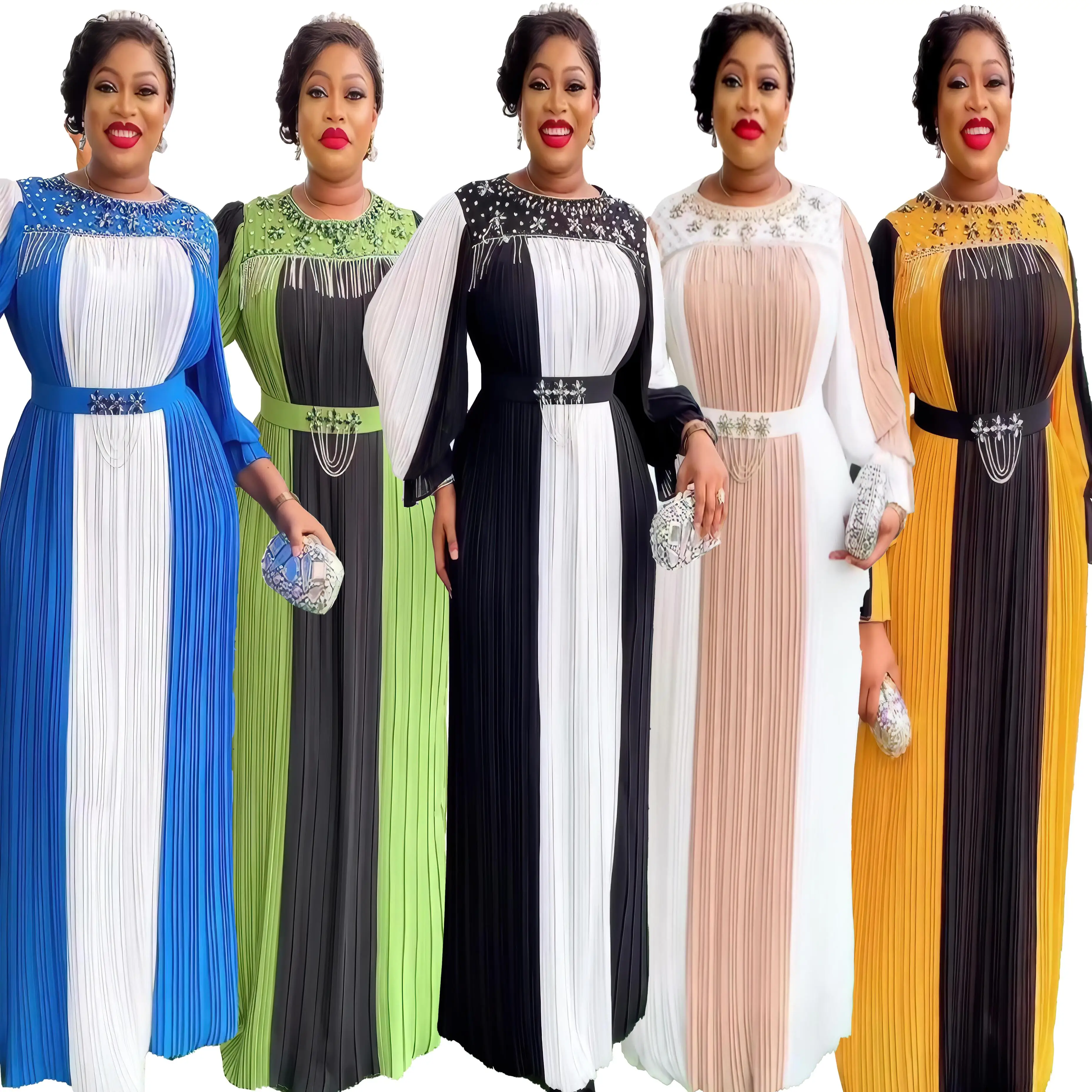 

New Arrival african dresses for church african dress pleat africa clothing Luxury rhinestones african dresses for women