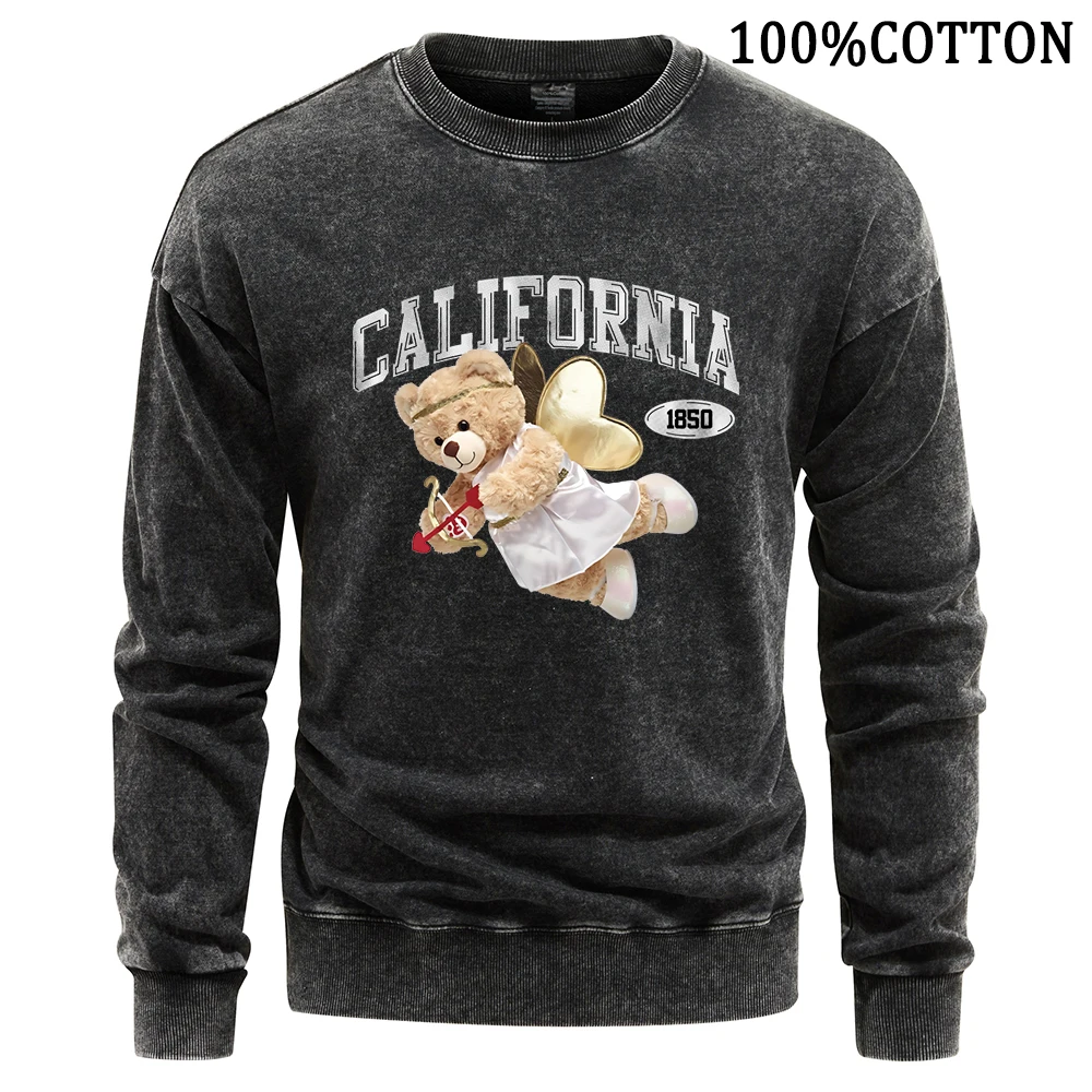 California Cupid Bear Man Sweatshirt Vintage Washed Hoodie Autumn New Crewneck Cotton Hoodies Soft Comfort Sweatshirts Clothing