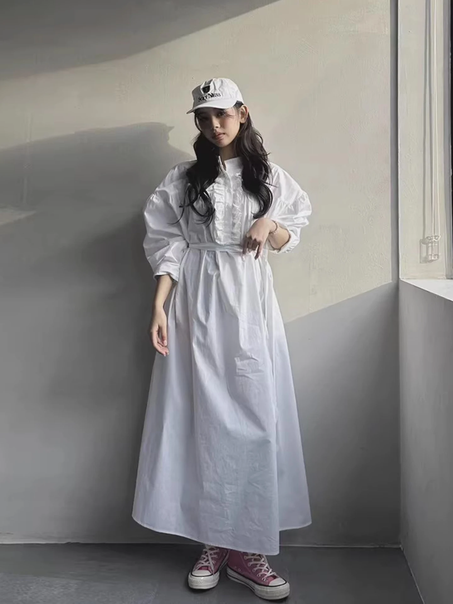 Bolha de emenda de renda azul sve dr feminino início da primavera vintage preguiçoso sle cintura-emagrecimento longo dr