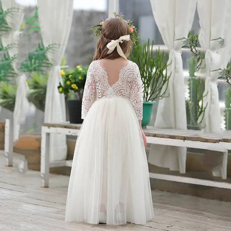 2-12 Year Old New Wedding Flower Girl White Lace Girl Evening Dress Flower Backless Long Sleeve Mesh Girl Princess Dress