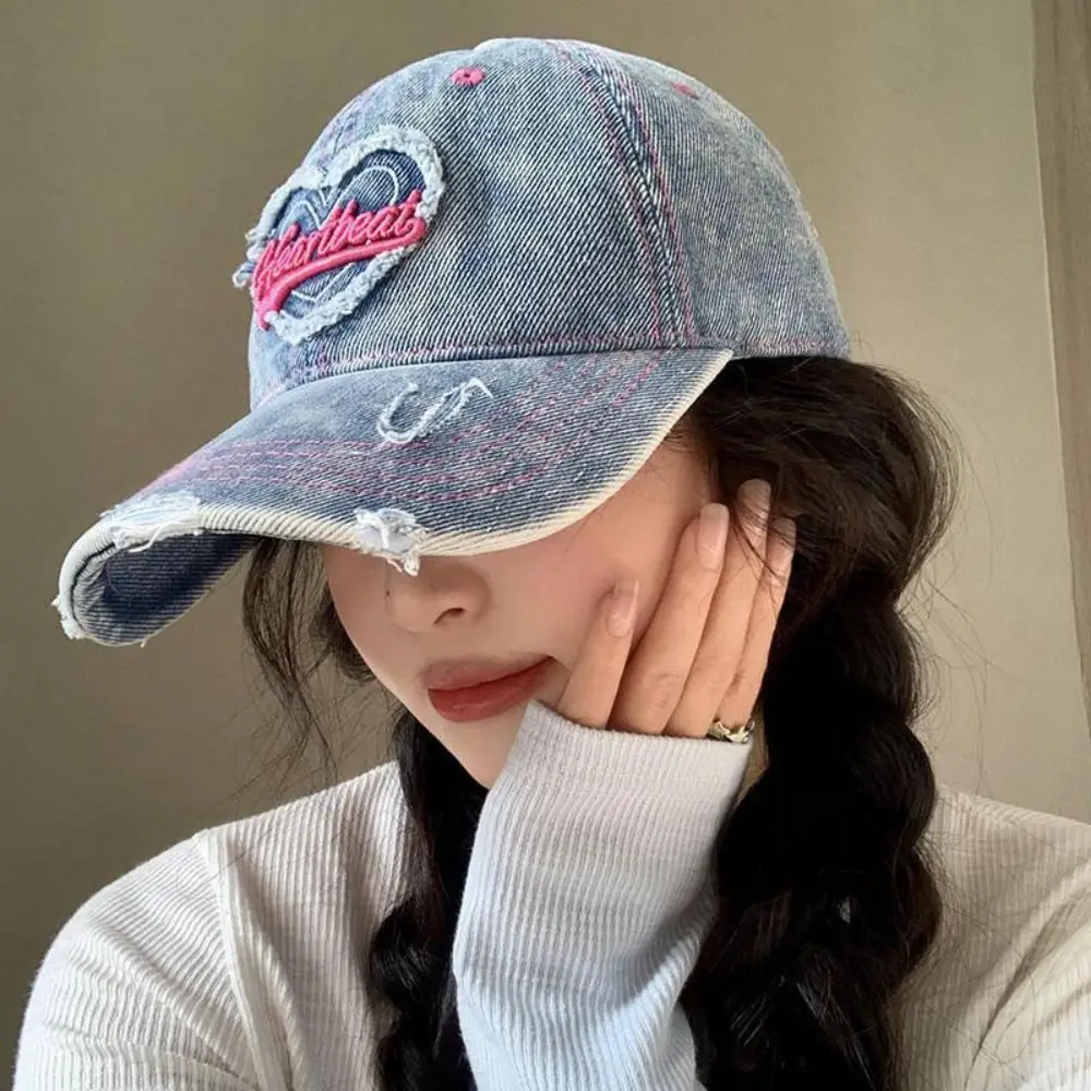 

Retro Love Vintage Baseball Cap Embroidery Y2K Letter Visors Korean Style Sunscreen Denim Snapback Cap Women