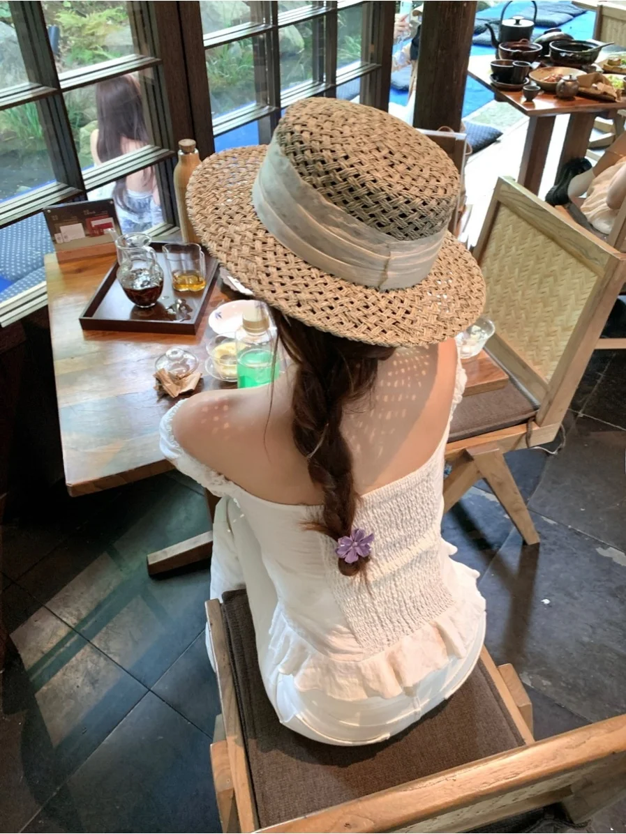 double-inin-elegant-hepburn-style-straw-woven-flat-brim-sun-hat-spring-summer-outdoor-travel-sun-protection-hat-women's-fashi