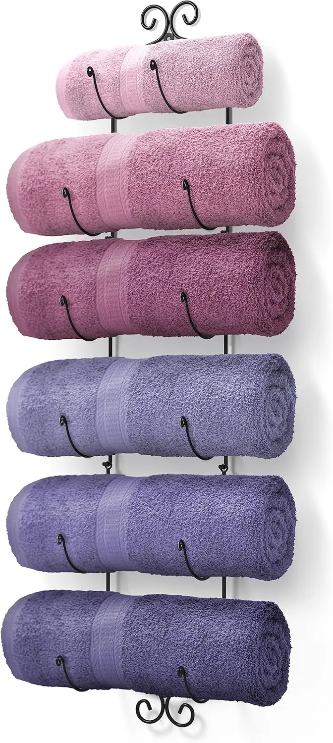 

Wall Mounted Metal Towel Rack with 6-Level Wine Holder for Bathroom Kitchen Bar Spa Gym RV