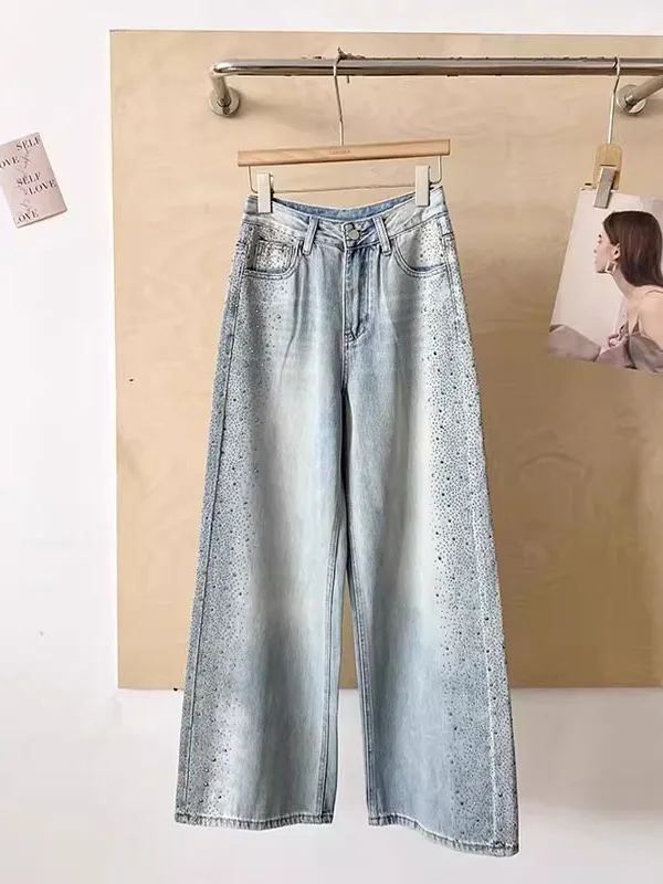 

Blue Wide Leg Jeans Women's High Waist Denim Pants Sparkling Drill Embelliment Slimming Straight Long Trousers Casual Wear