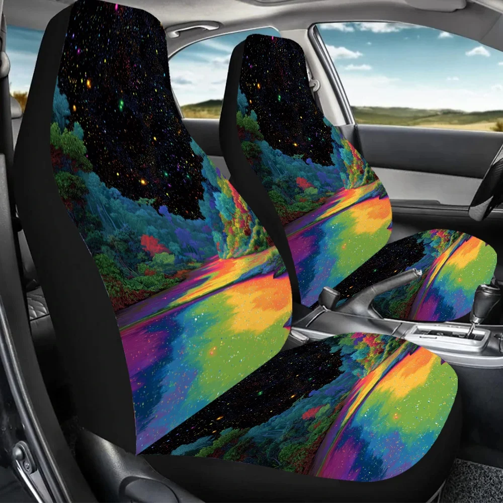 2pcs Night Forest Rainbow Car Seat Covers | Universal Fit, Polyester Non- Fabric, Sponge Filled, Enhances Driving Pleasure, Idea