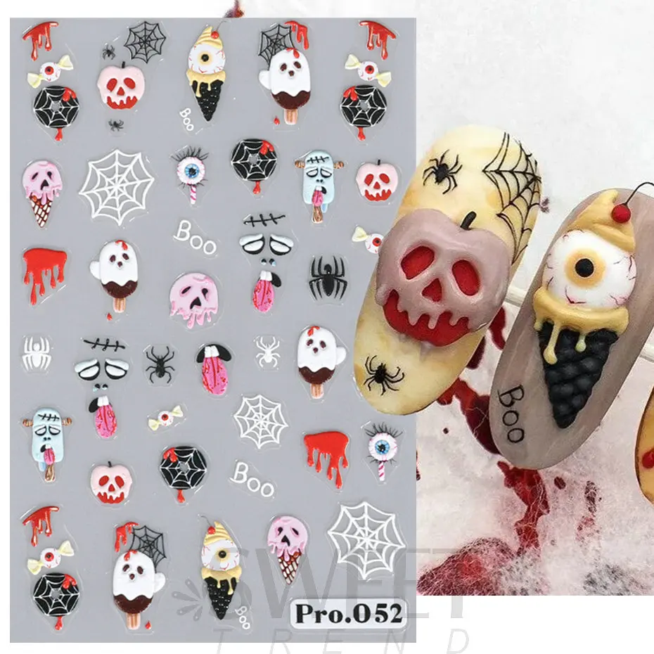 Halloween fantasma abóbora etiqueta do prego 5d em relevo estrela aranha web crânio rosa floral dos desenhos animados festival de inverno manicure decoração