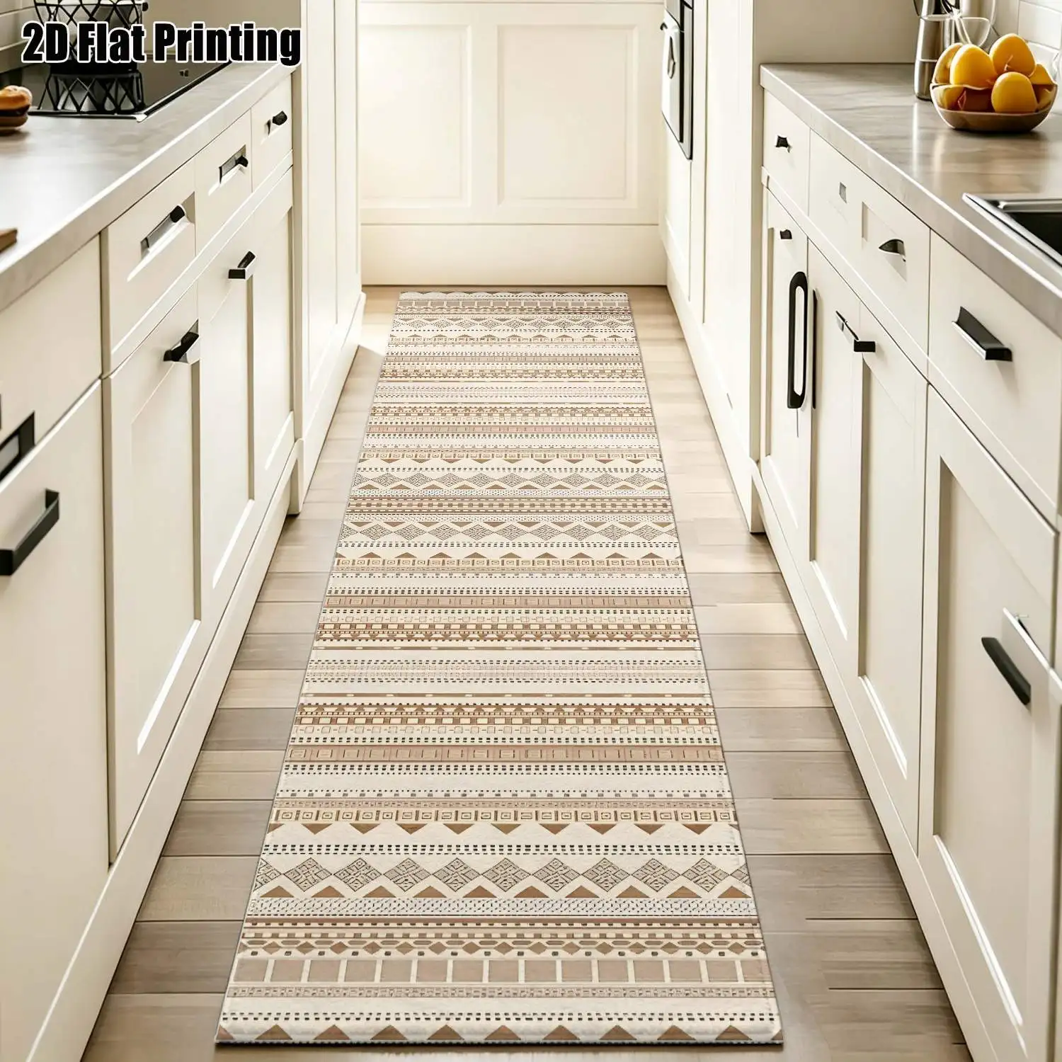 1Pc 2D Printed Beige Geometric Long Strip Runner Carpet: Nordic, Modern Minimalist, European, Bohemian Style, Machine Washable, Multi-Size, Ideal for Entryway, Hallway, Living Room, Bedroom Home Decor