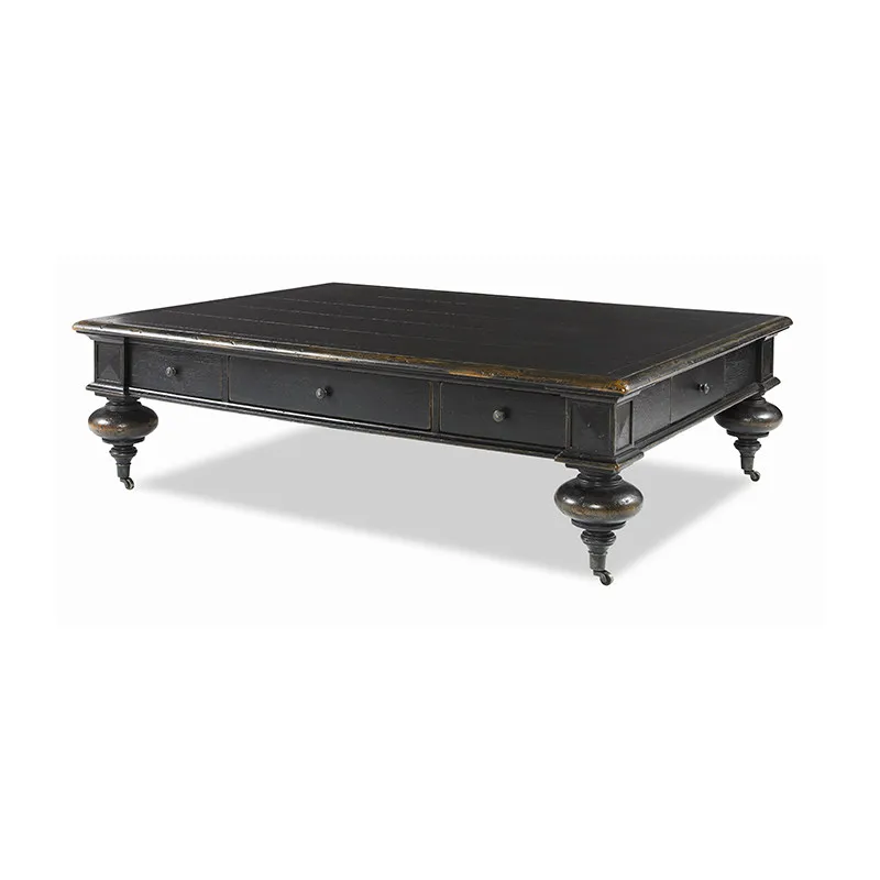 LMM solid wood rectangular coffee table black living room retro old light luxury log carving tea table