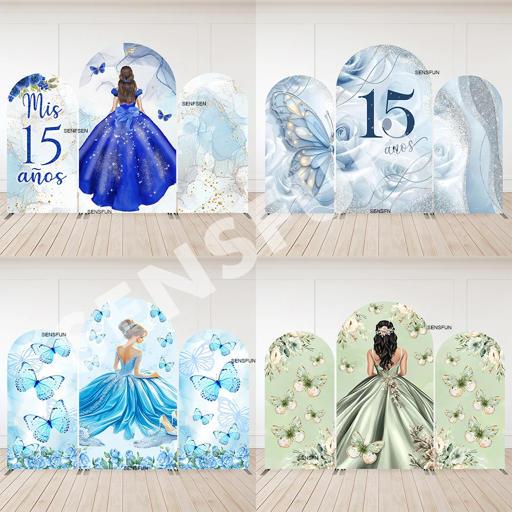 

Двусторонний чехол для арки на 15-летие (Кинсеанера) с сине-зелеными цветами, принцессами, бабочками и декором для вечеринки