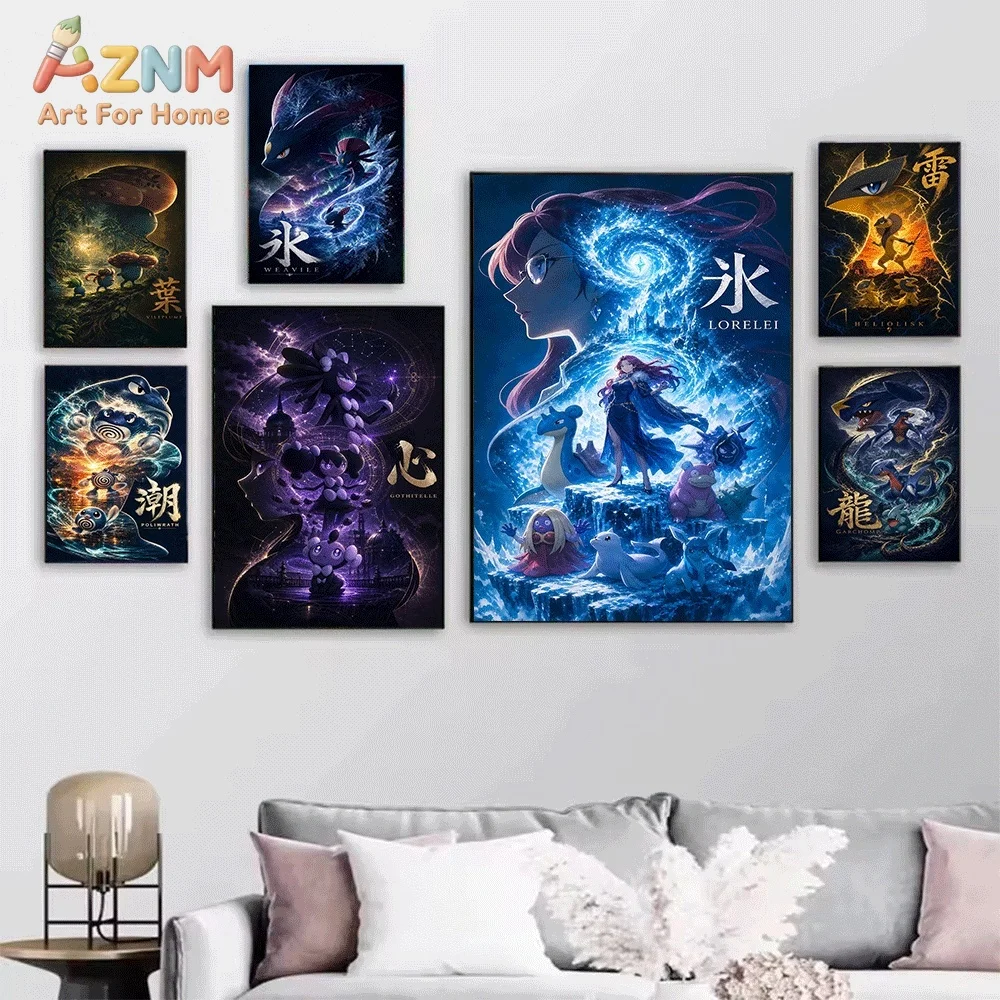 AZNM Pikachu Lightning Thunder Effect Canvas Wall Print, Pokemon Electric Type Creature Art Poster, Unframed Canvas Painting f