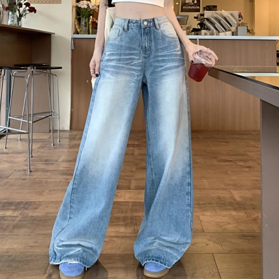 

Vintage Washed Wide Leg Jeans Women High Waist Leisure Soft Denim Pants Casual Versatile Female Commuter Long Blue Trousers