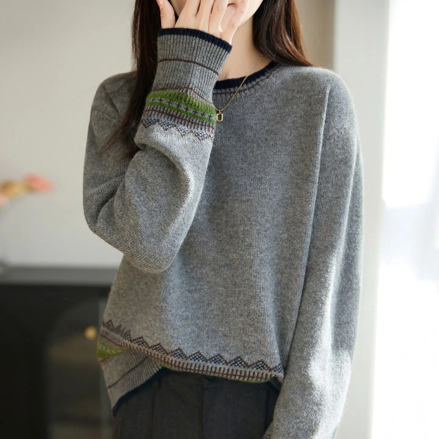 

Autumn Winter Loose Knitted Sweater Women's round Ne Long Sve Color Blo Retro Sle Faionable Ethnic Tassel Top
