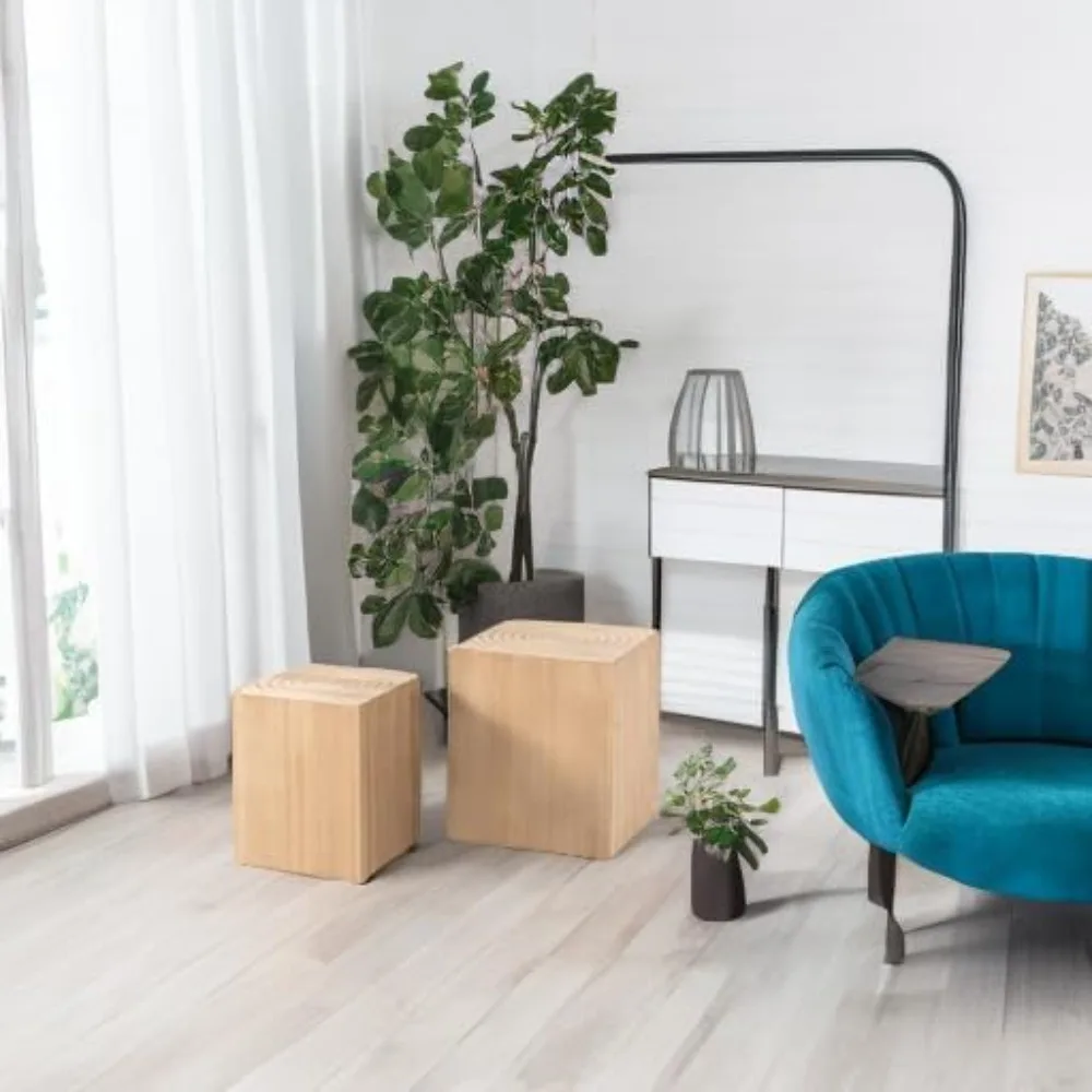 شحن مجاني - مجموعة طاولة نهاية جذع الشجرة مكونة من 2، تخطيط تصفيف متعدد مع نمط حلقة شجرة الخشب، لون الخشب الطبيعي - تخفيضات كبيرة #6