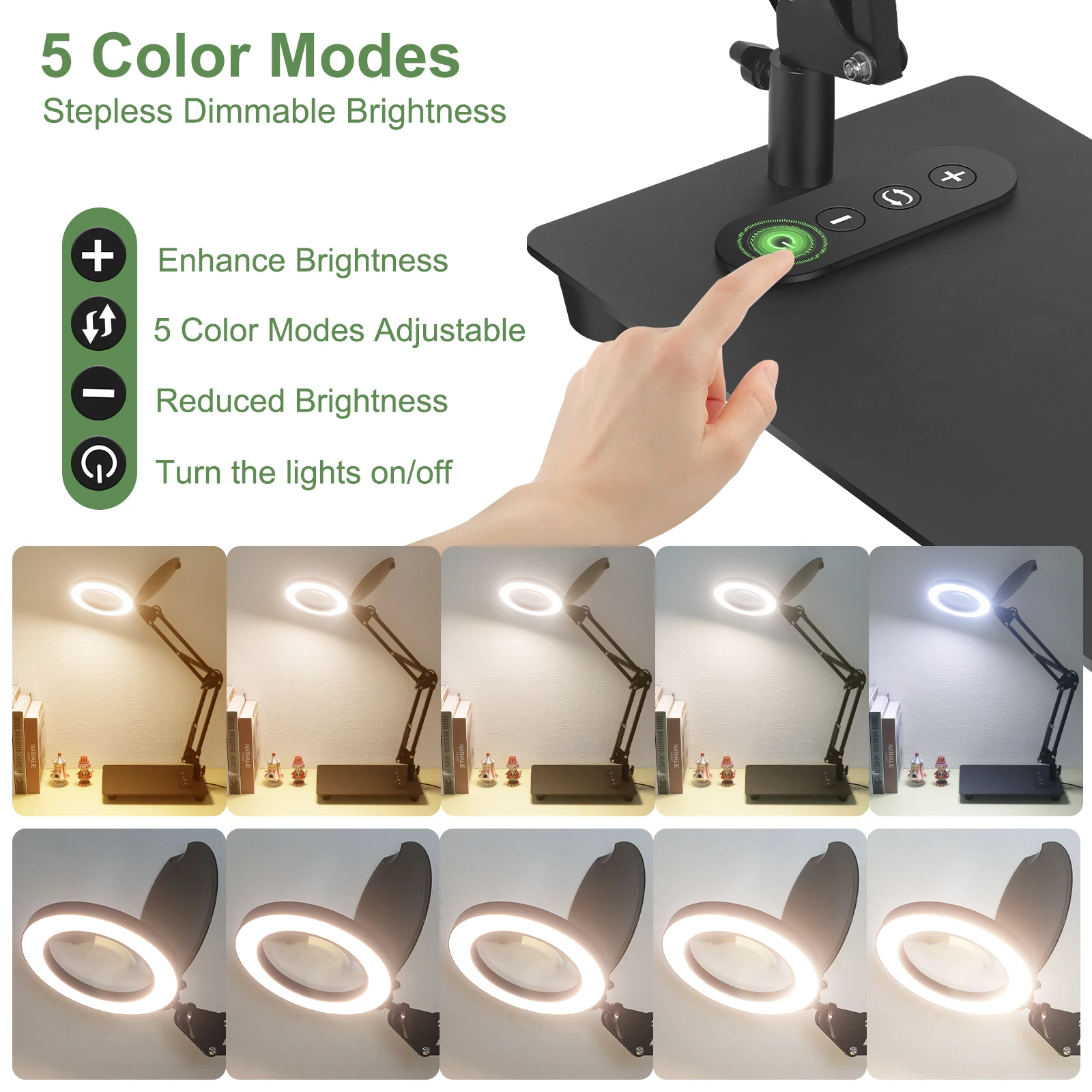 Imagem -02 - Newacalox Alça Dobrável 5x Lupa Cores Ajustável Lâmpada de Mesa Capa Poeira Lupa Base Pesada Ferramentas Iluminação