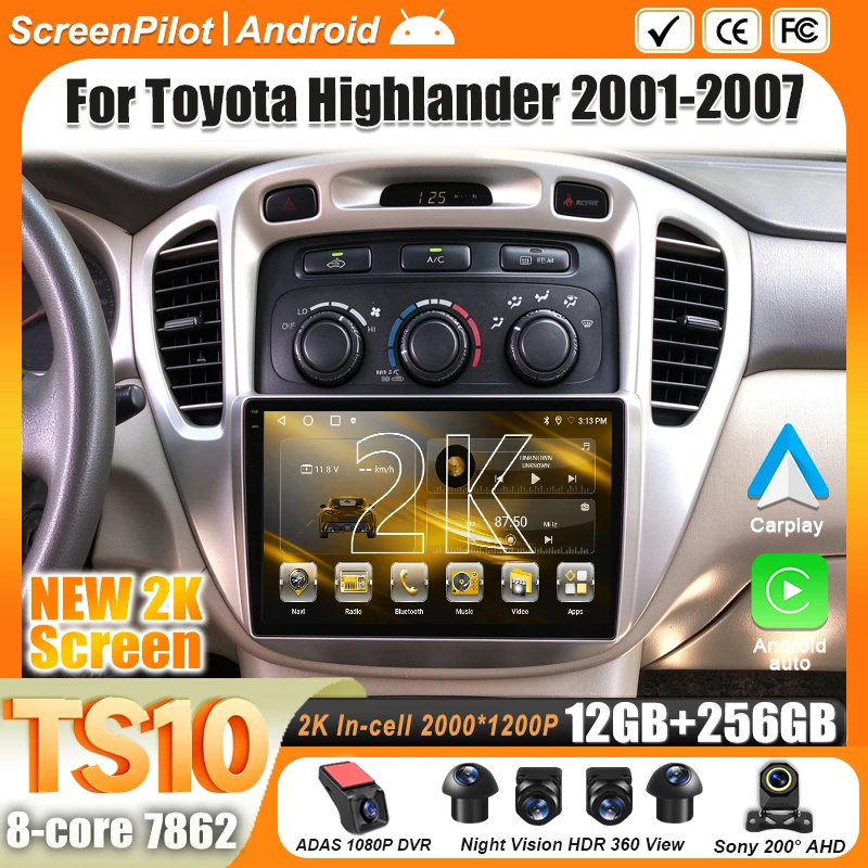 Android 16 For Car Radio Toyota Highlander 1 XU20 2001-2007 2 din Multimedia Video Player Carplay 9 Inch Bluetooth Wifi 8 Core