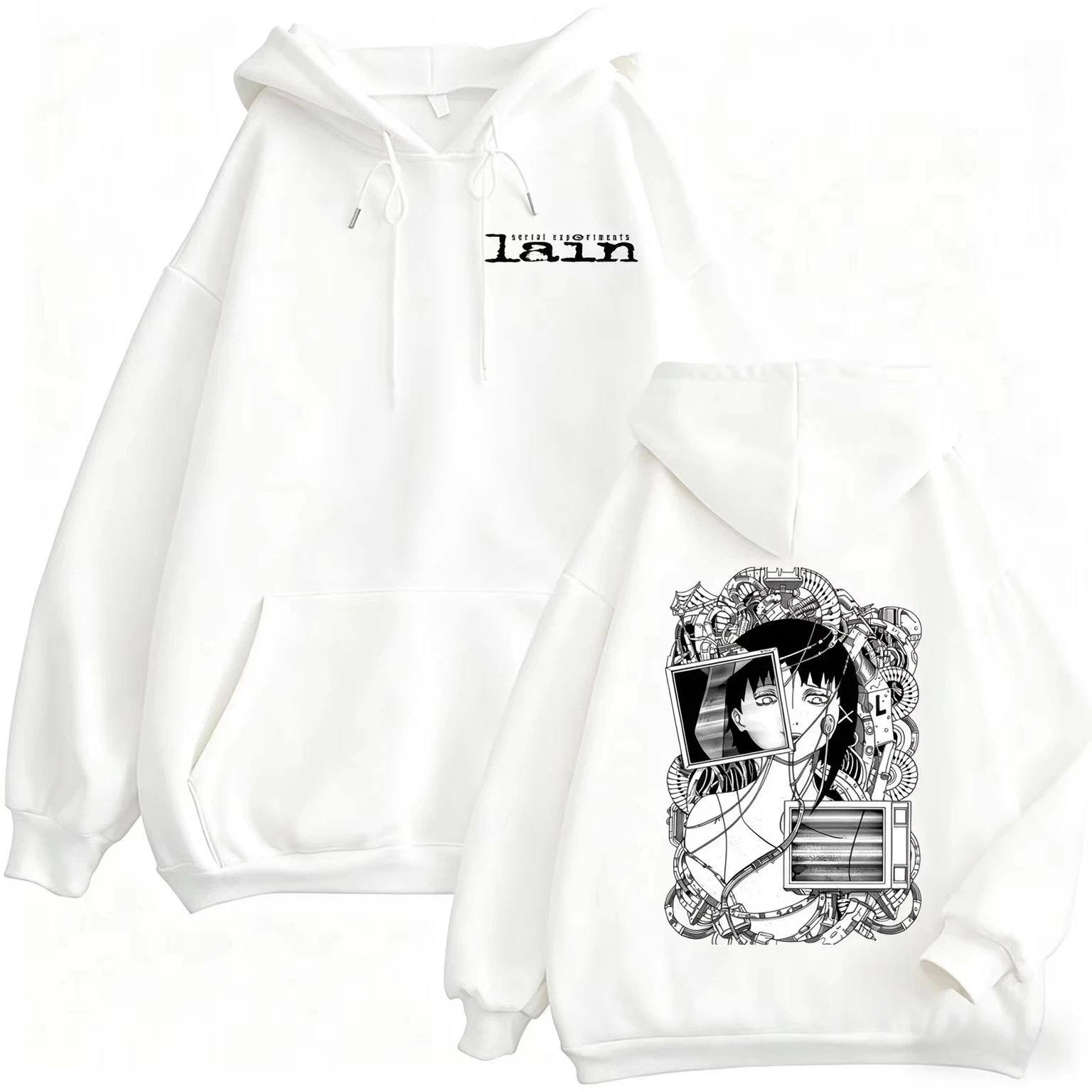 Serial Experiments Lain Iwakura Lain Anime Print Unisex Hoodie, Fleece Loose Casual Streetwear Pullover Sweatshirt