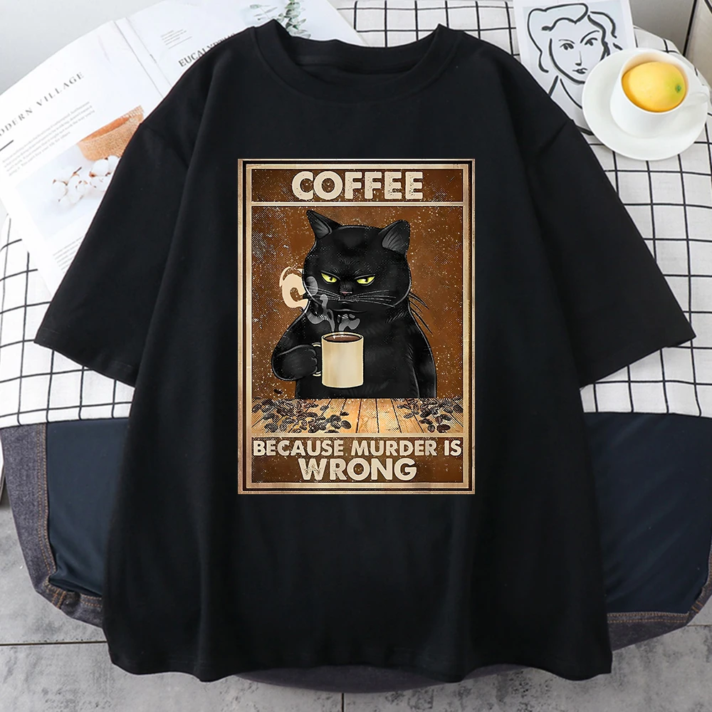 Kaffee, weil Mord falsch ist schwarze Katze trinkt Kaffee lustiges T-Shirt übergroße Hip-Hop-T-Shirt Baumwoll oberteile kurze Ärmel Kleidung