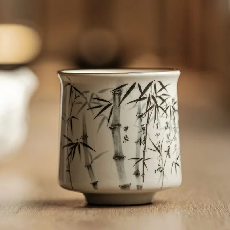 Ru Kiln Ink Bamboo Hand Painted Tea Cup Master Cup Chinese Kung Fu Tea Personal Tasting Cup for Home Tea Lover
