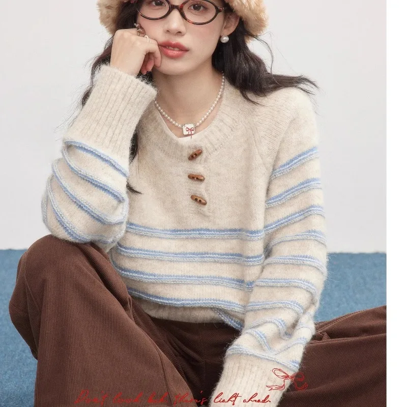 

Autumn Winter Striped Pullover Sweater Women Knitted Shirts Female Fashion O-neck Knitwear Long Sleeve Casual Sweaters Knit Tops