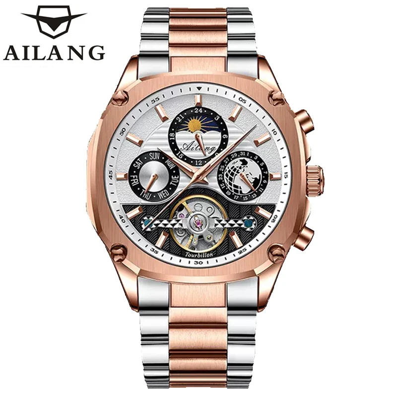 AILANG New Mens Watches Top Brand Luxury Tourbillon Watch for Men Stainless Steel Waterproof Skeleton Mechanical Wristwatch Male