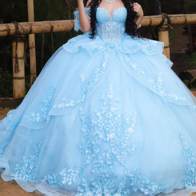 

Light Blue Quinceanera Dress off-shoulder Glitter Flower Decal Layering Long tail Bow vestidos de 15 Quinceanera ﻿Customized