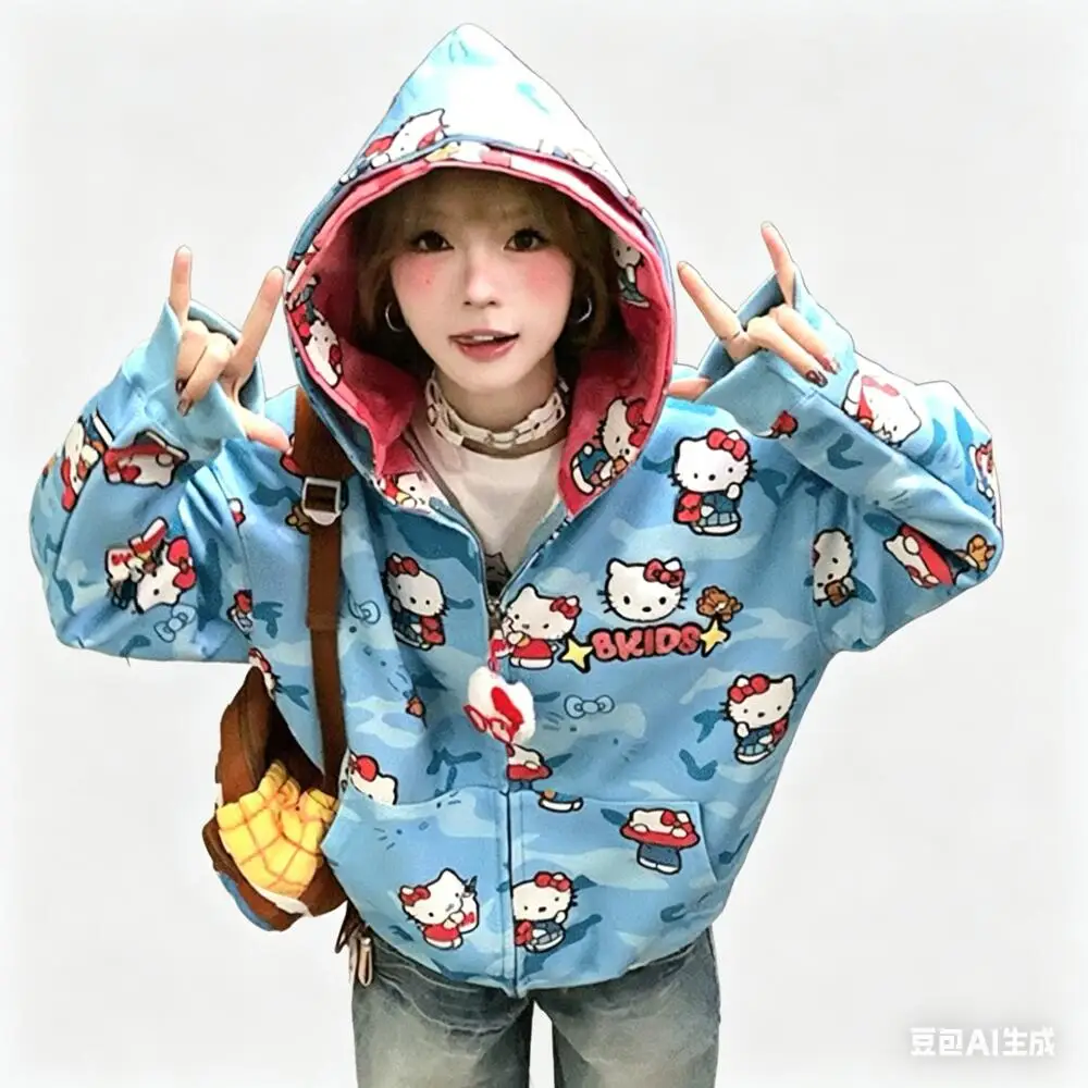 

Sanrio Cute Girls Loose Coat Hello Kitty Baseball Uniform Anime Sweatshirt Jacket Couple Autumn Winter Tops Vintage Leisure Tops