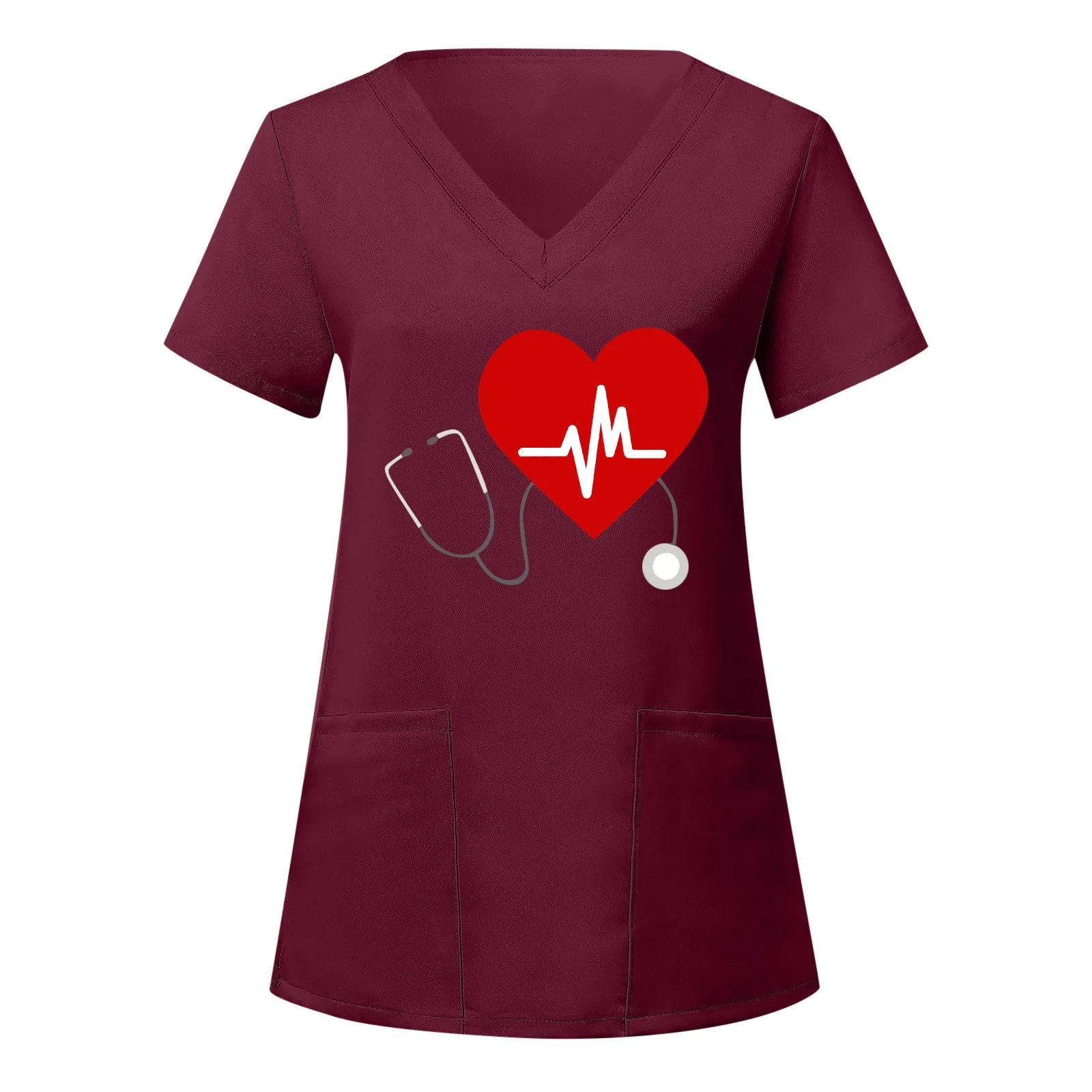 Camisetas Uniformes de Enfermagem Médica Feminina, Tops com Decote V, Camisetas de Manga Curta, Bolso, Stretch, Ombre, Impressão de Amor, Roupas Femininas, Novo