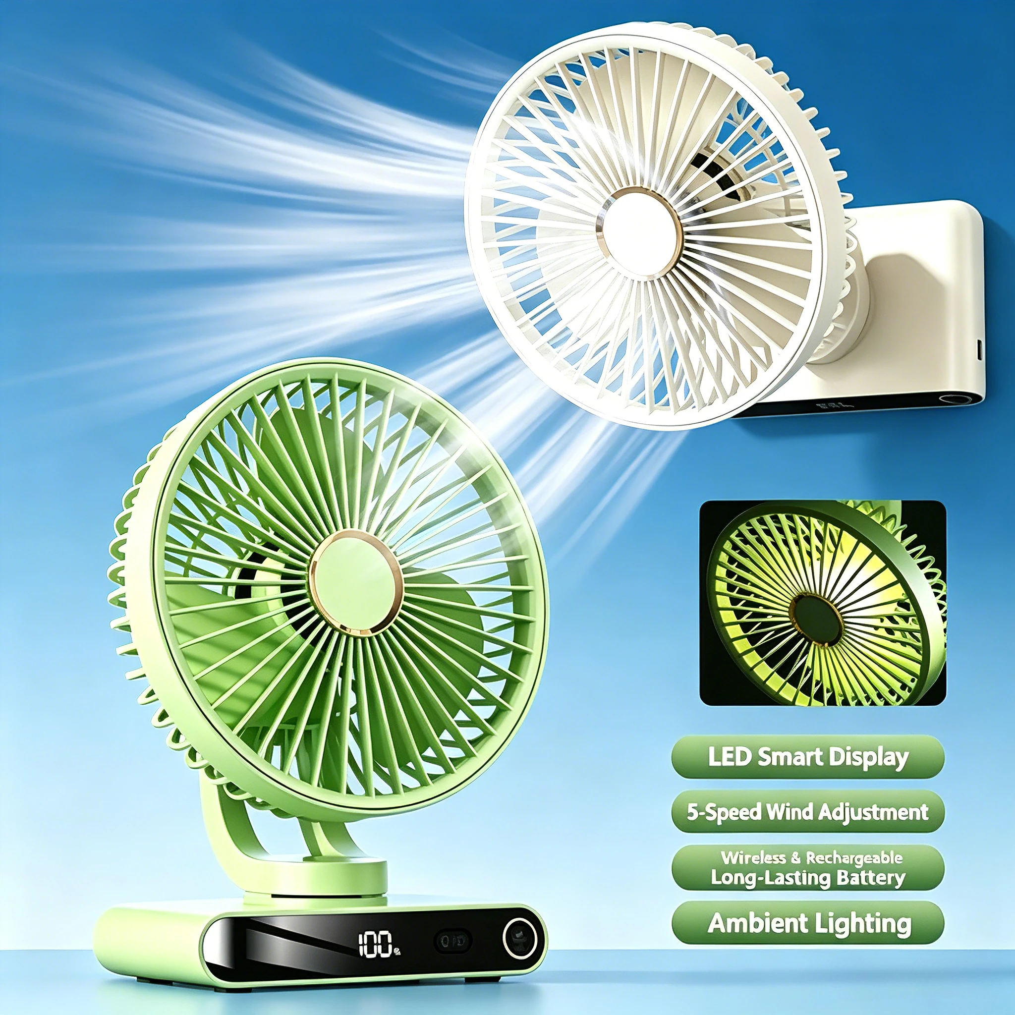 

Digital Display Desk Fan 5 Speed Setting USB Charging with Atmosphere Lamp for Office Home Student Dormitory Bedside Night Light