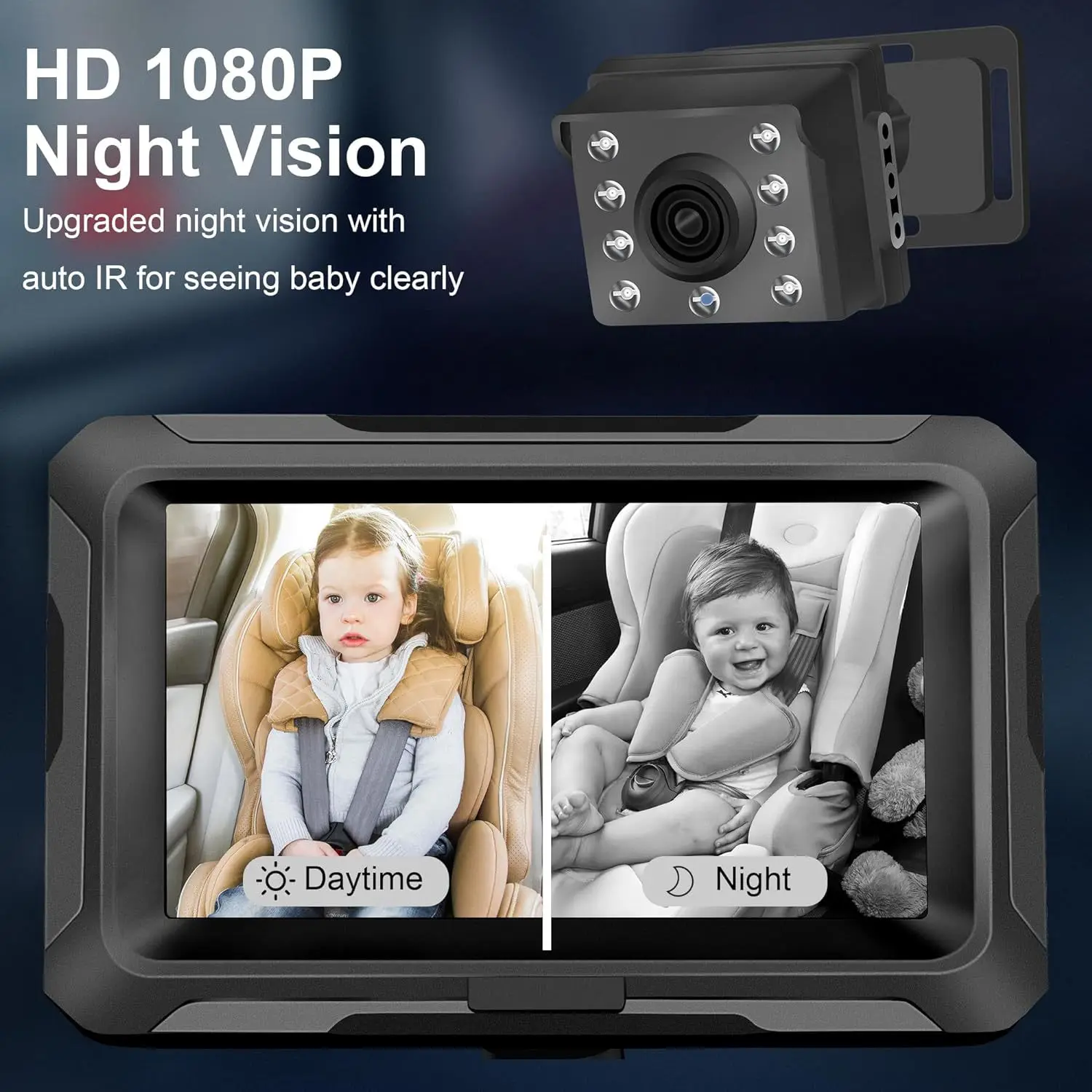 Car Rear View Monitor 4.3'' HD 1080P Screen Baby Car Mirror Adjustable Wide View Angle for Infants Kids Pets Night Vision Camera