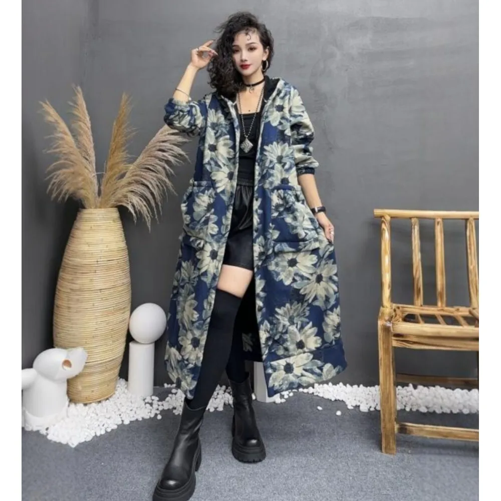 

2024 Autumn Winter New Cotton Linen Printed Thick Hooded Jacket Women Loose And Slimming Warm Long Windbreaker LX2351