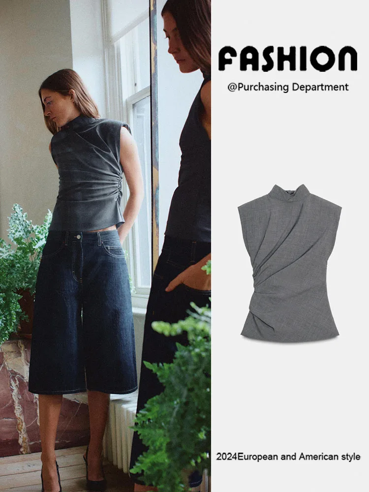 Top de Mujer Otoño 2025, Sin Mangas, Cuello Redondo, Pado, Entallado, con Hombreras, Nuevo, Versátil, E, Estilo Étn...