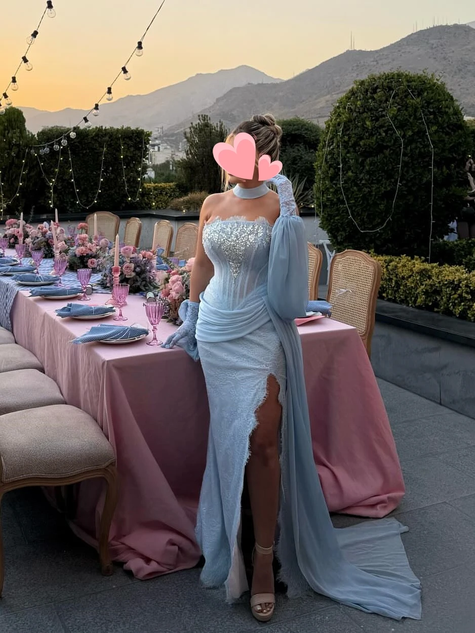 

Other Shore Elegant Vintage Sweet Blue Mermaid Lace Beads Chiffon Slit Customize Formal Occasion Prom Dress Evening Party Gowns