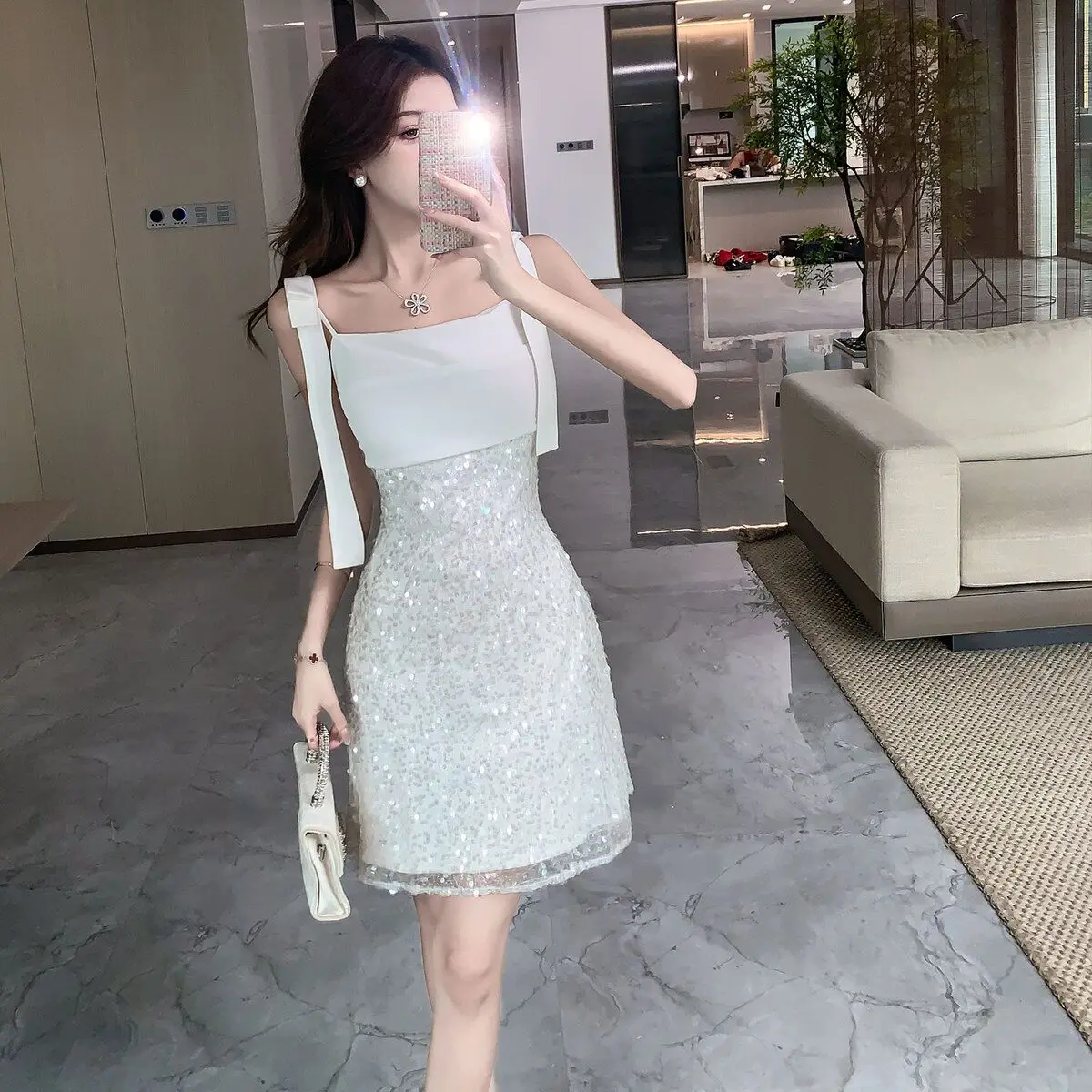 

French Light Luxury Sequin Splicing Suspender Dress Women 2025 Spring Summer New Niche Design Short Skirt