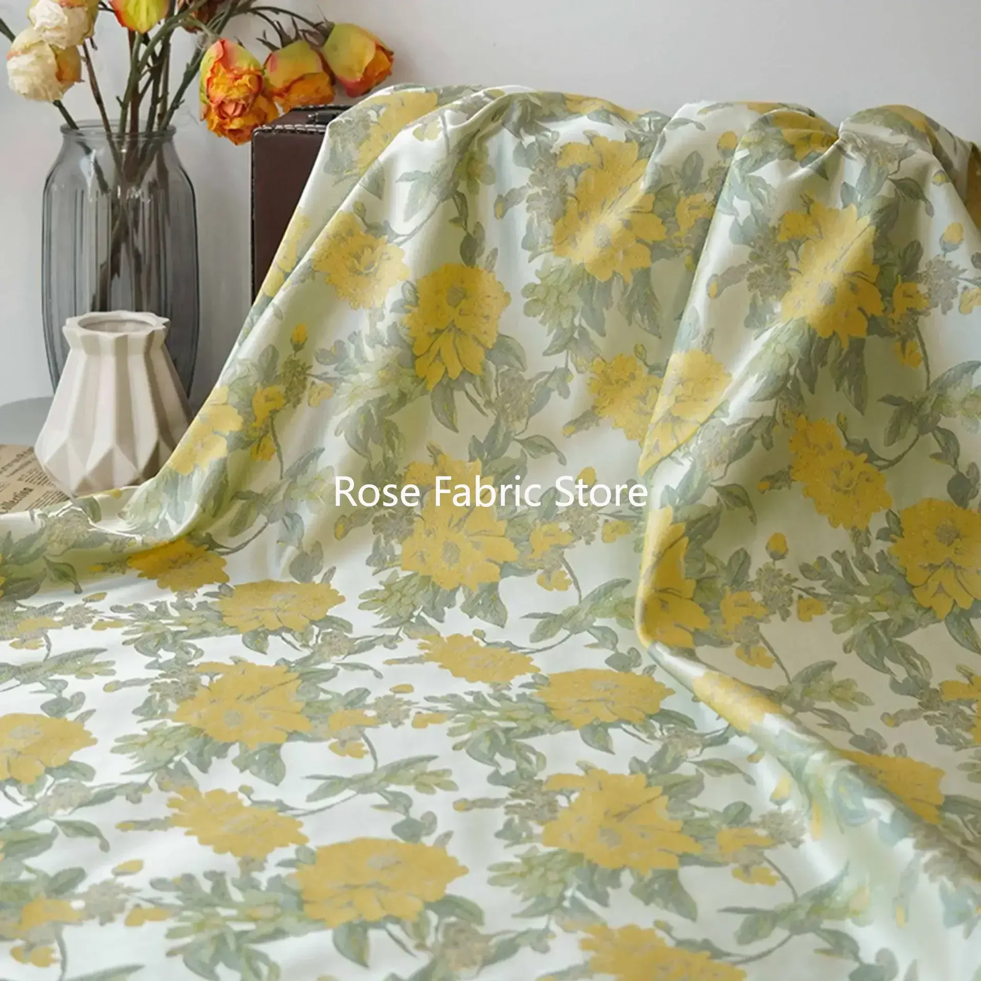 

1 метр, 1 метр, ретро, желто-зеленая жаккардовая ткань с цветочным принтом, простой стиль, женское платье, жилет, сумка, декоративная швейная ткань